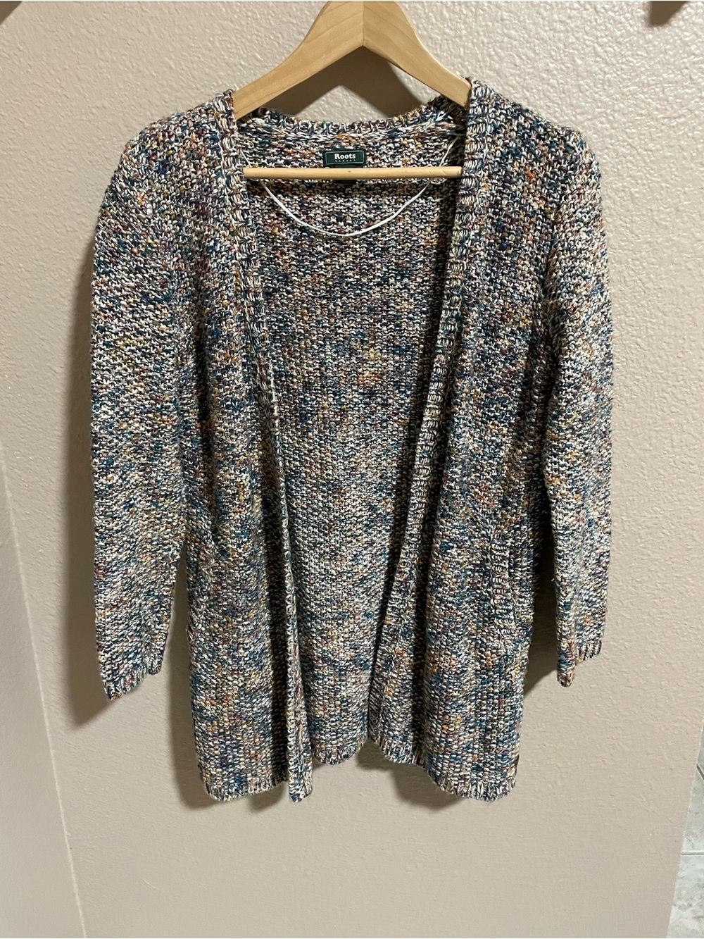 Roots Canada Multicolored Speckled Open-Front Cardigan - Blue, Brown, Cream Cozy